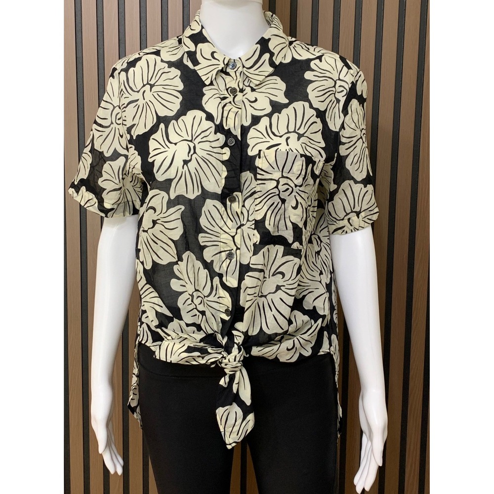 Theory Women's Black Cream Floral Short Sleeve Button Down Shirt Size L